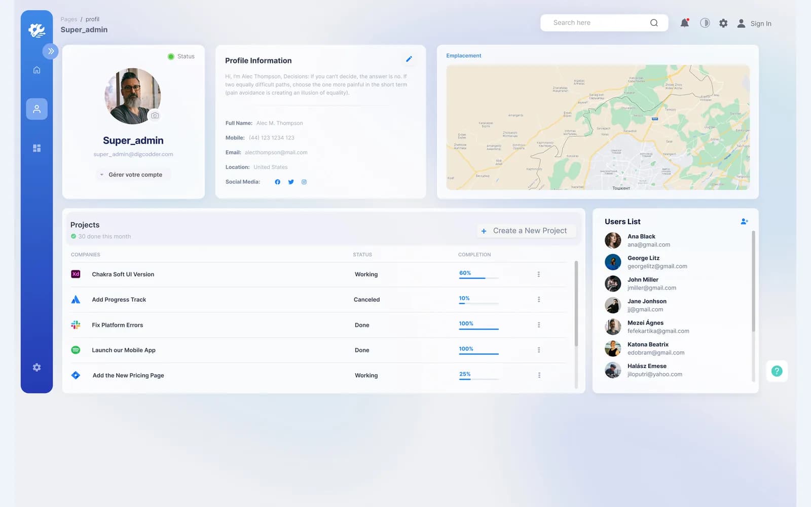 DigCore profile workspace with account details, map, project progress, and team member list
