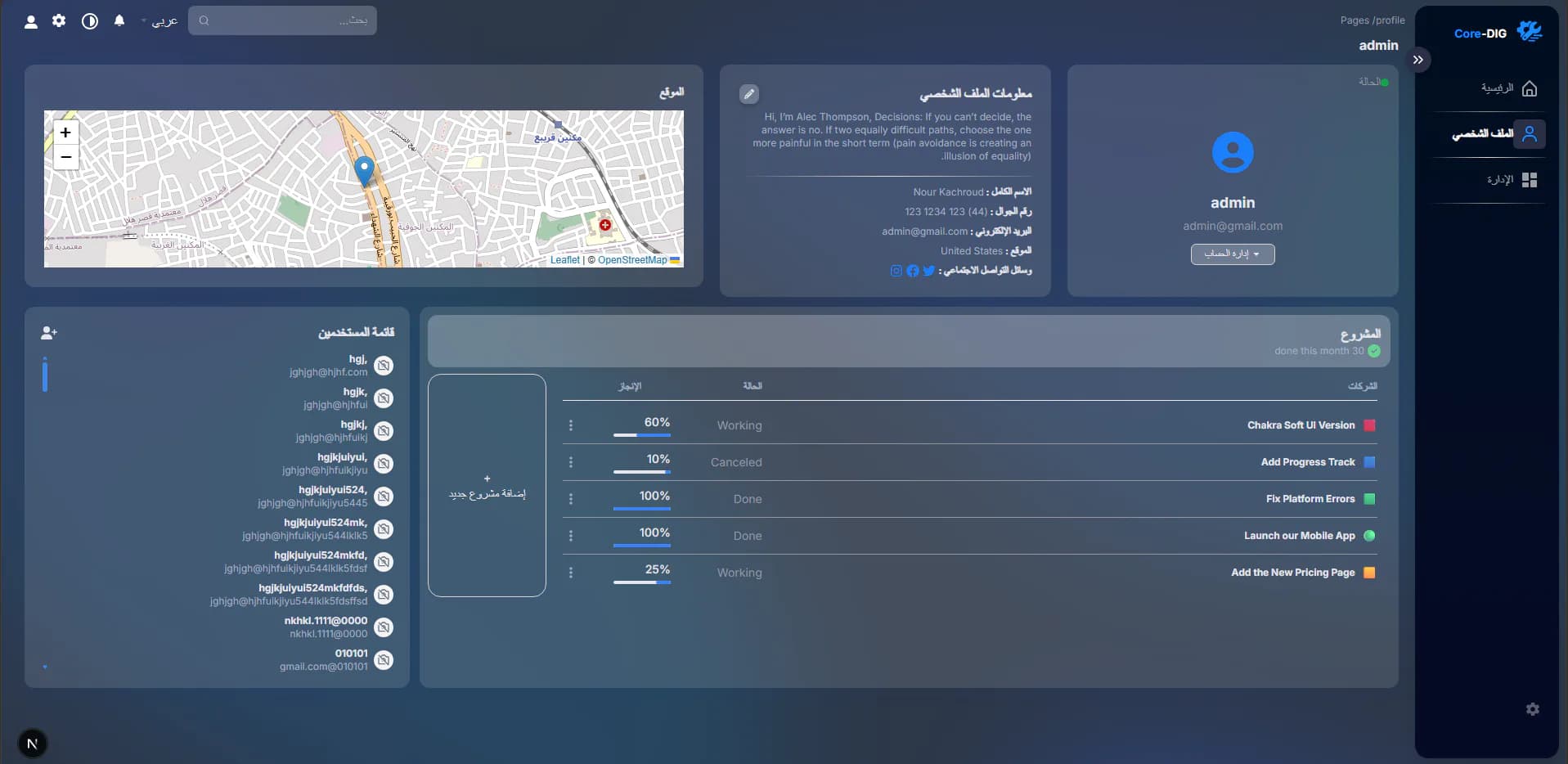 Arabic right-to-left DigCore interface with profile details, map, projects, user list, and navigation