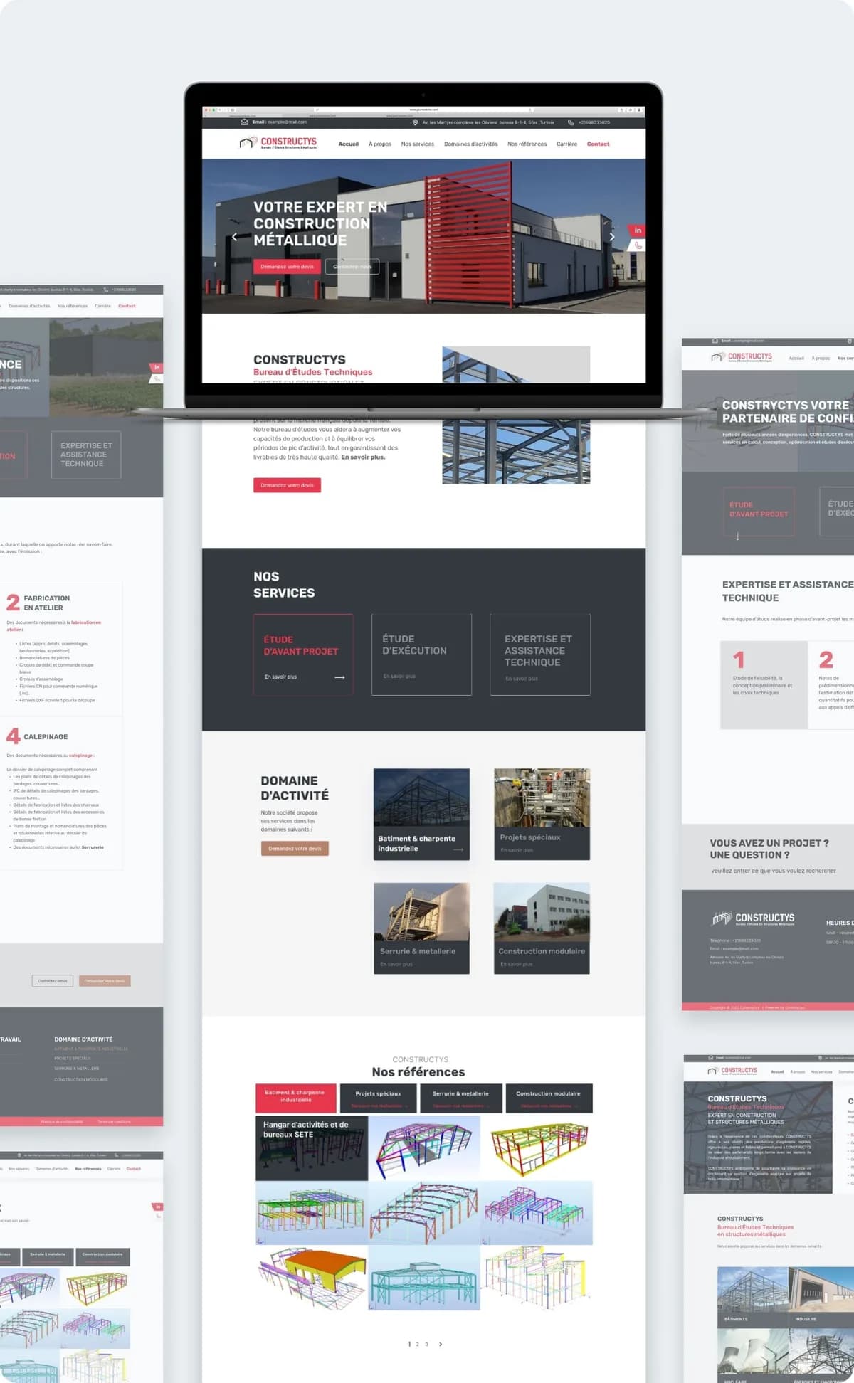 Constructys Ingénierie website presentation with desktop homepage, services, activity areas, and structural engineering references