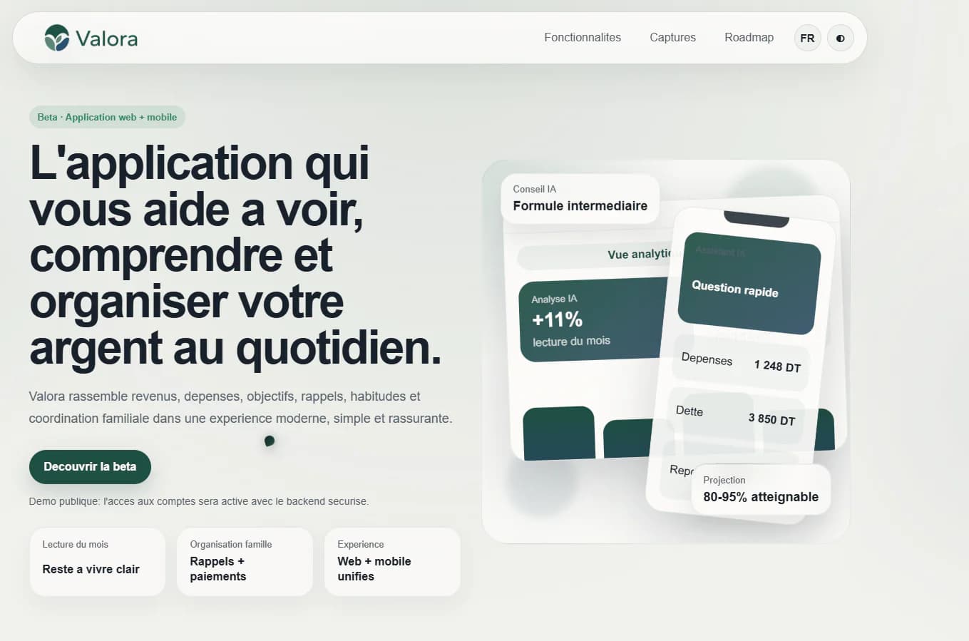 Valora beta product page introducing financial guidance, daily money organisation, AI assistance, and web and mobile experiences