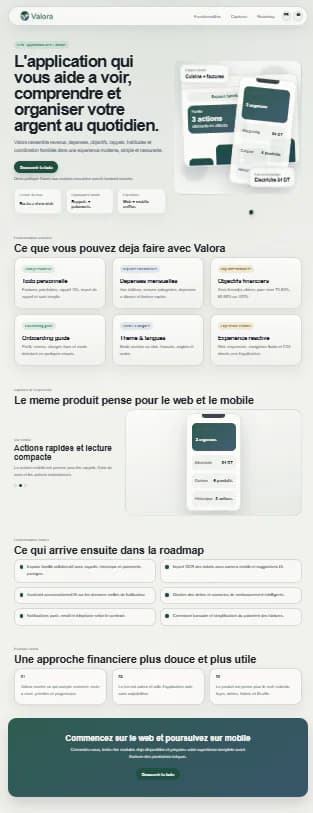 Full responsive Valora product page with capabilities, mobile experience, roadmap, product principles, and beta call to action